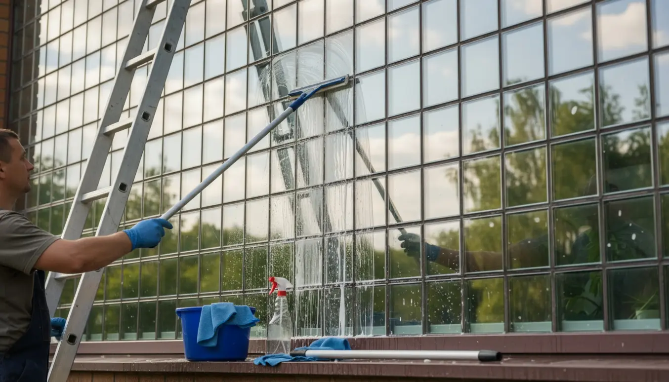 Nærbillede af handskerede hænder, der pudser små glasruder med en lang skureskraber på en bygning, med stige og spand i baggrunden.