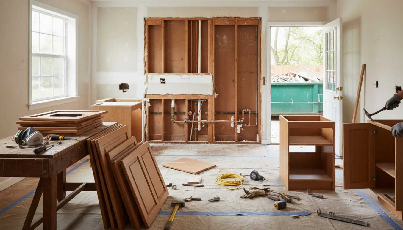 Halvvejs nedrevet køkken med fjernede hvidevarer, stabler af skabe, værktøj og en container til bortskaffelse.