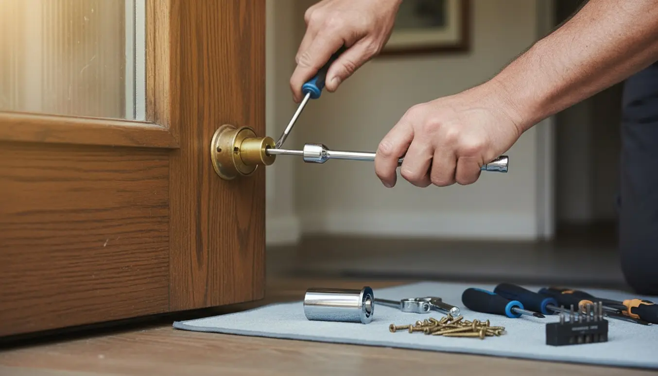 Nærbillede af hænder, der udskifter en låsecylinder i en trædør med værktøj på en lys overflade.