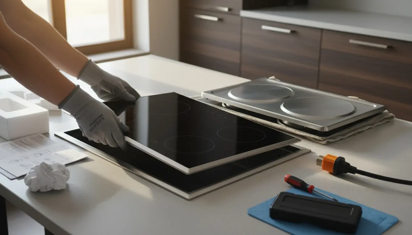 Nærbillede af udskiftning af en induktionskogeplade, hvor hænder placerer en ny sort glas-kogeplade i køkkenbordets udskæring.