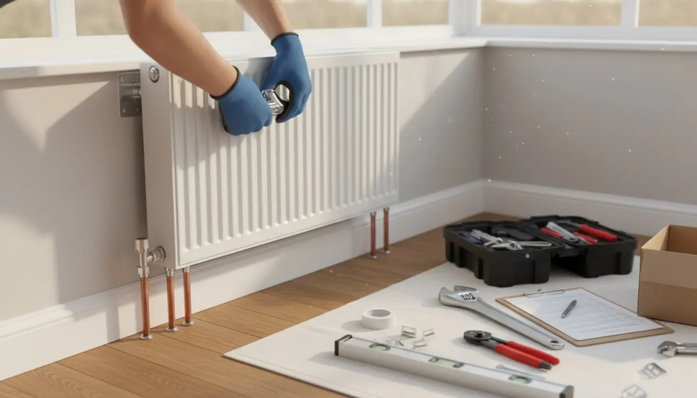 Ny hvid radiator monteres i en tilbygning med værktøj og materialer klar ved siden af.