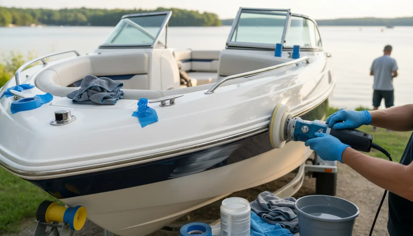 Gloved hånd polerer skinnende gelcoat på en motorbåd ved en sø.