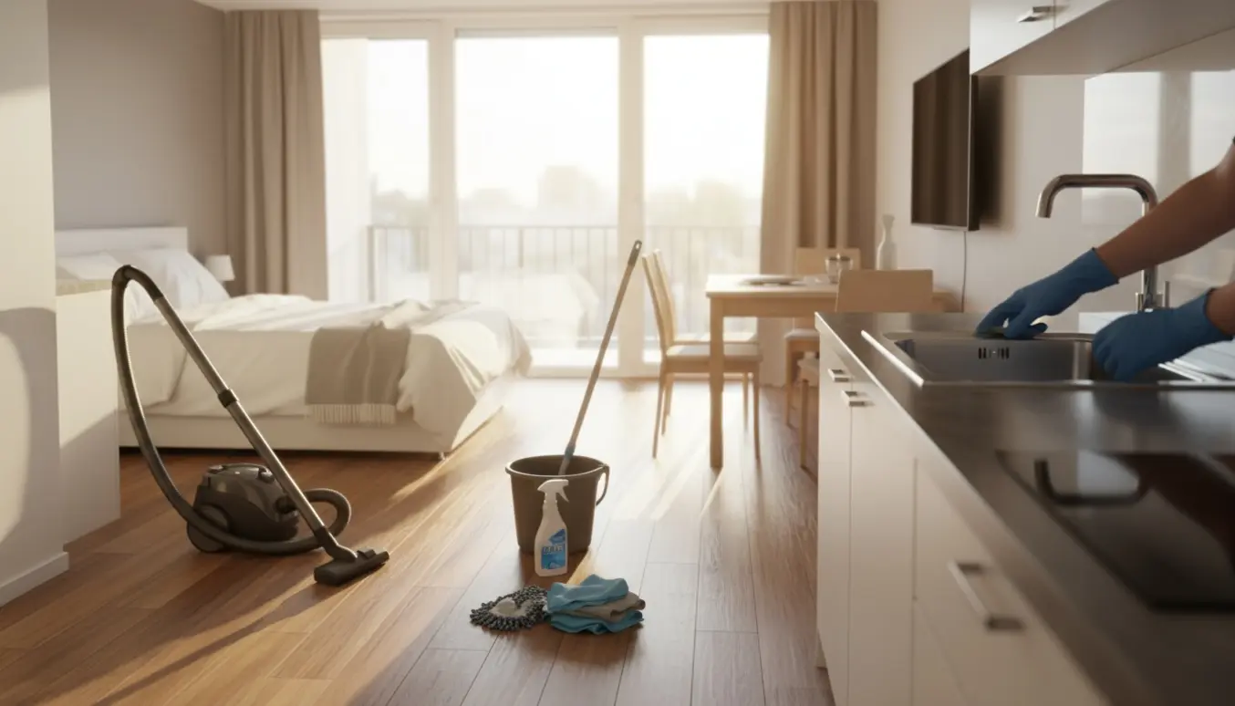 Nyplejet lille åben lejlighed efter slutrengøring med rengøringsudstyr i forgrunden.