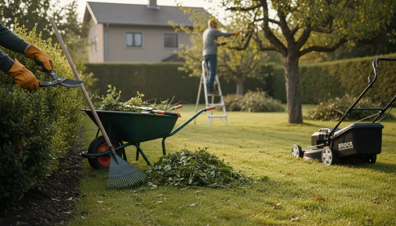 Havearbejde med slåning af græs, fjernelse af ukrudt og beskæring foran et hus.