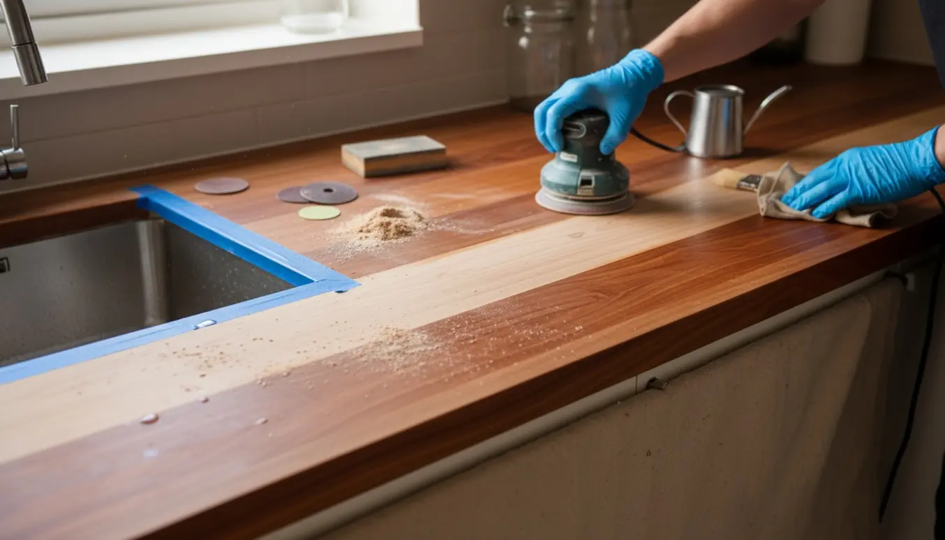 Nærbillede af slibning og oliering af en 4 m kirsebærtræskøkkenbordplade ved vasken med værktøj og rene træstrukturer.