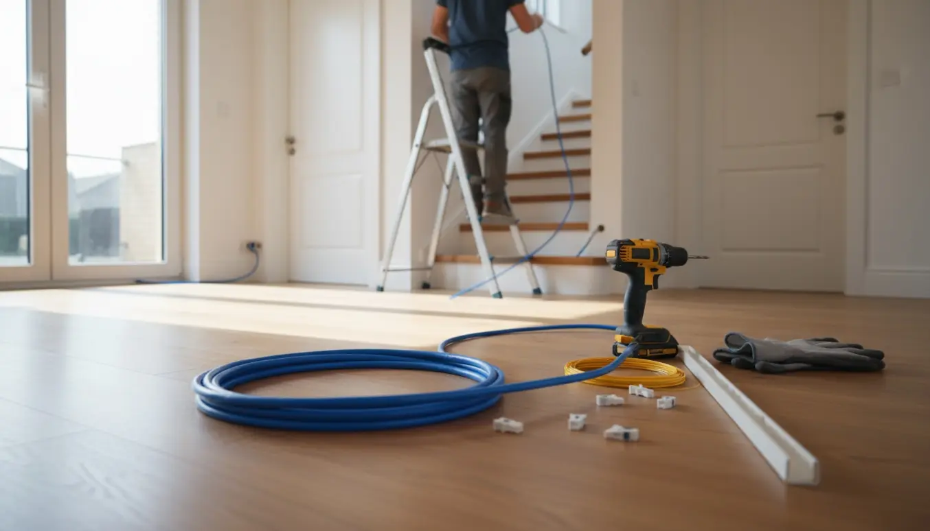 Et tykt netværkskabel og værktøj i en stue, hvor kabel trækkes op ad trappen og skjules langs fodlisten.