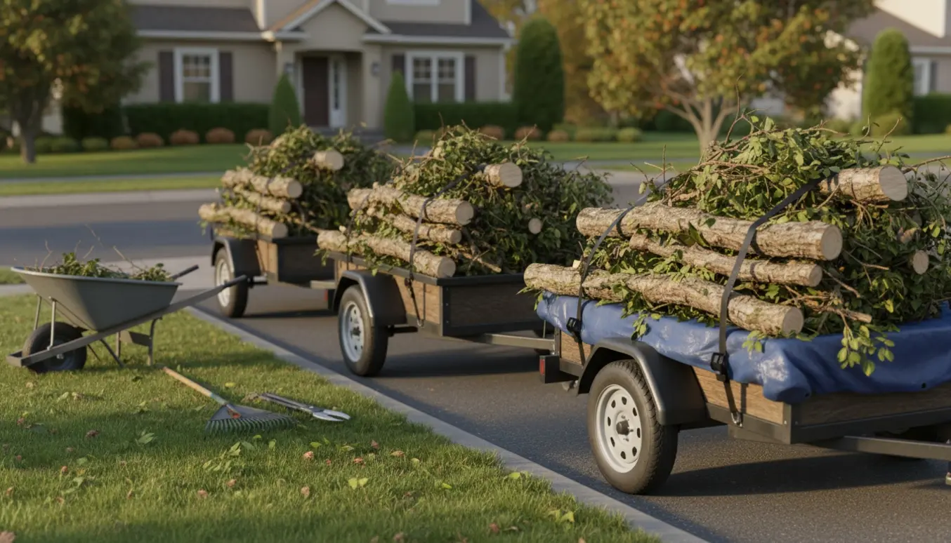 To–tre små trailere fyldt med smågrene og blade parkeret ved en villavej i blødt eftermiddagslys.