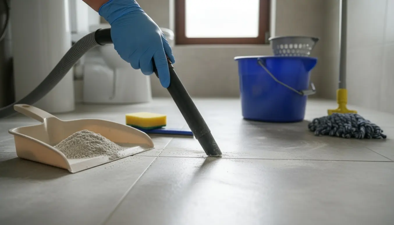 En handskeholder støvsuger murestøv fra et nyrepareret badeværelsesgulv med moppe og spand i baggrunden.