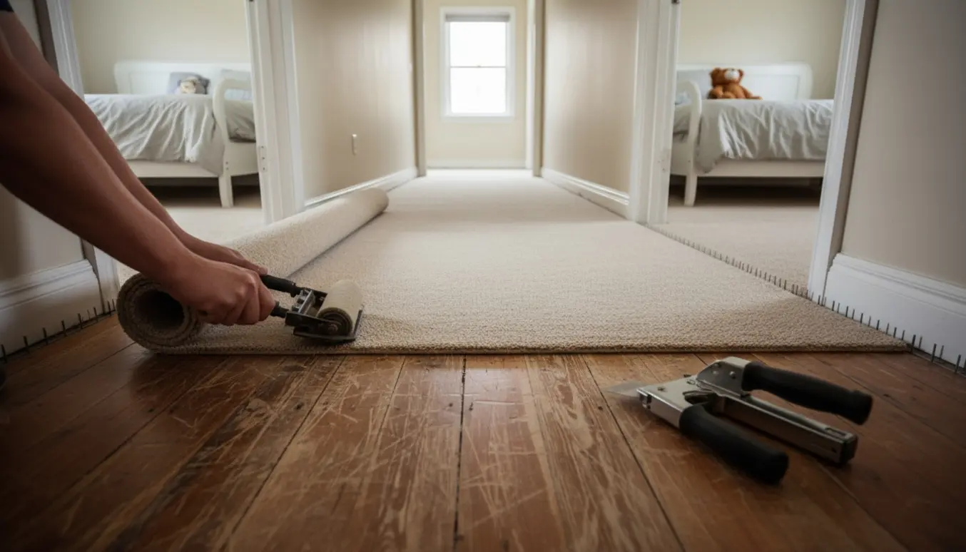 Delvist lagt korthåret gulvtæppe på slidt trægulv i gang og værelser med værktøj og et lille legetøj i baggrunden.