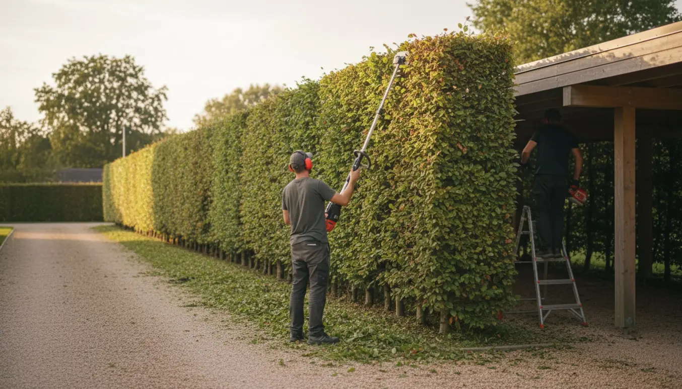Bagfra-billede af professionelle, der beskærer en høj bøgehæk langs en carport i smal passsage.