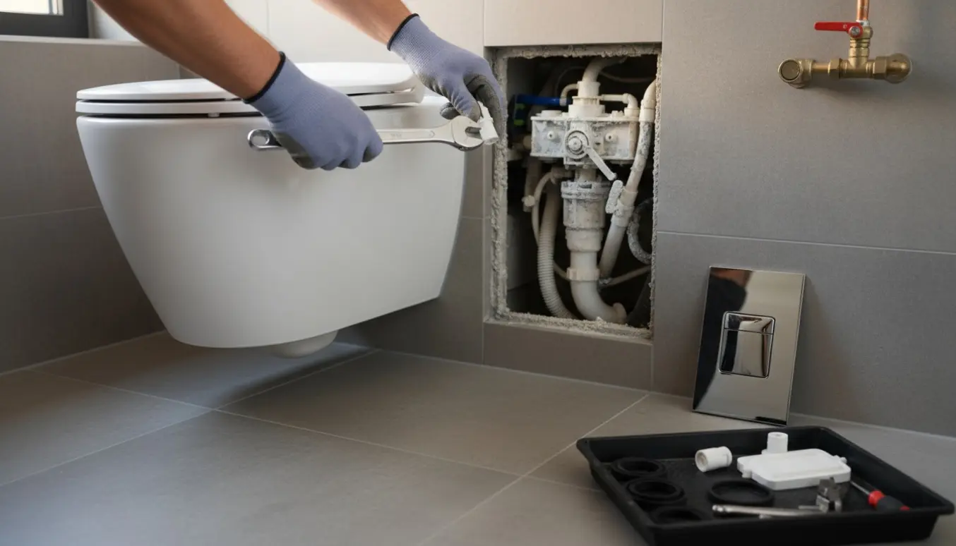 Væghængt toilet med åben indbygget cisterne og handske‑beklædte hænder, der arbejder på kalkede indre dele.