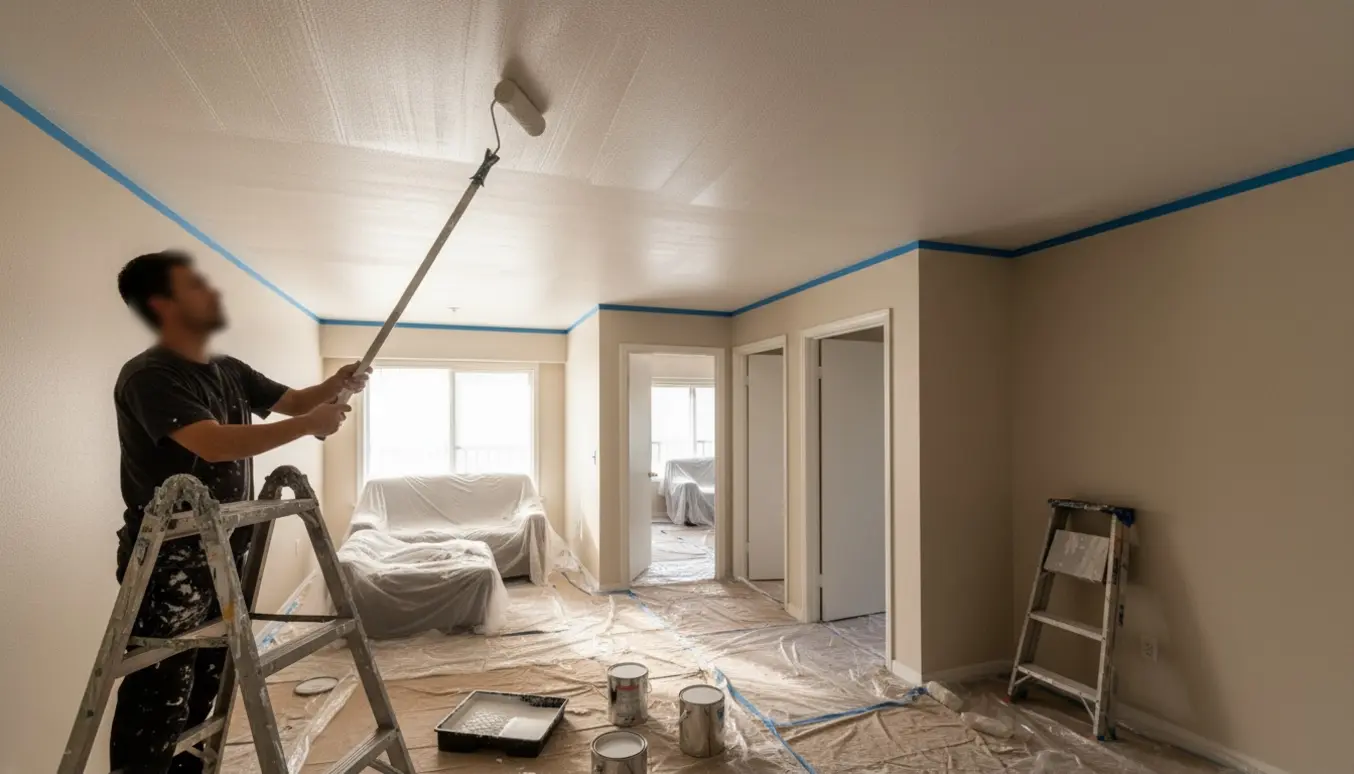 En maler maler lofter i små værelser med rulle, afdækningspresenninger og malerbøtter.