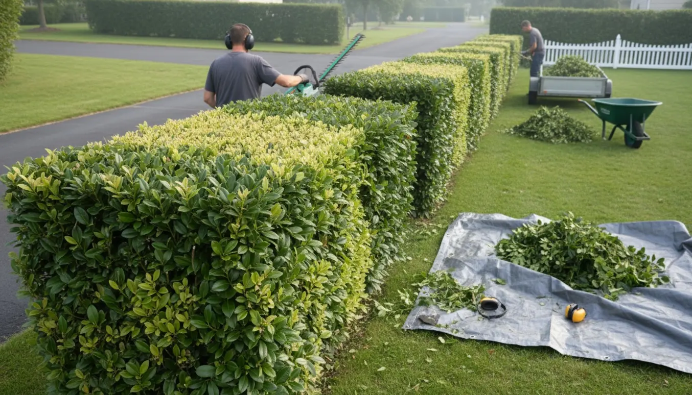 Lang kirsebær-laurbær-hæk klippes med hækkeklipper, nyklippede flader og bunker af afklip samlet ved trailer.
