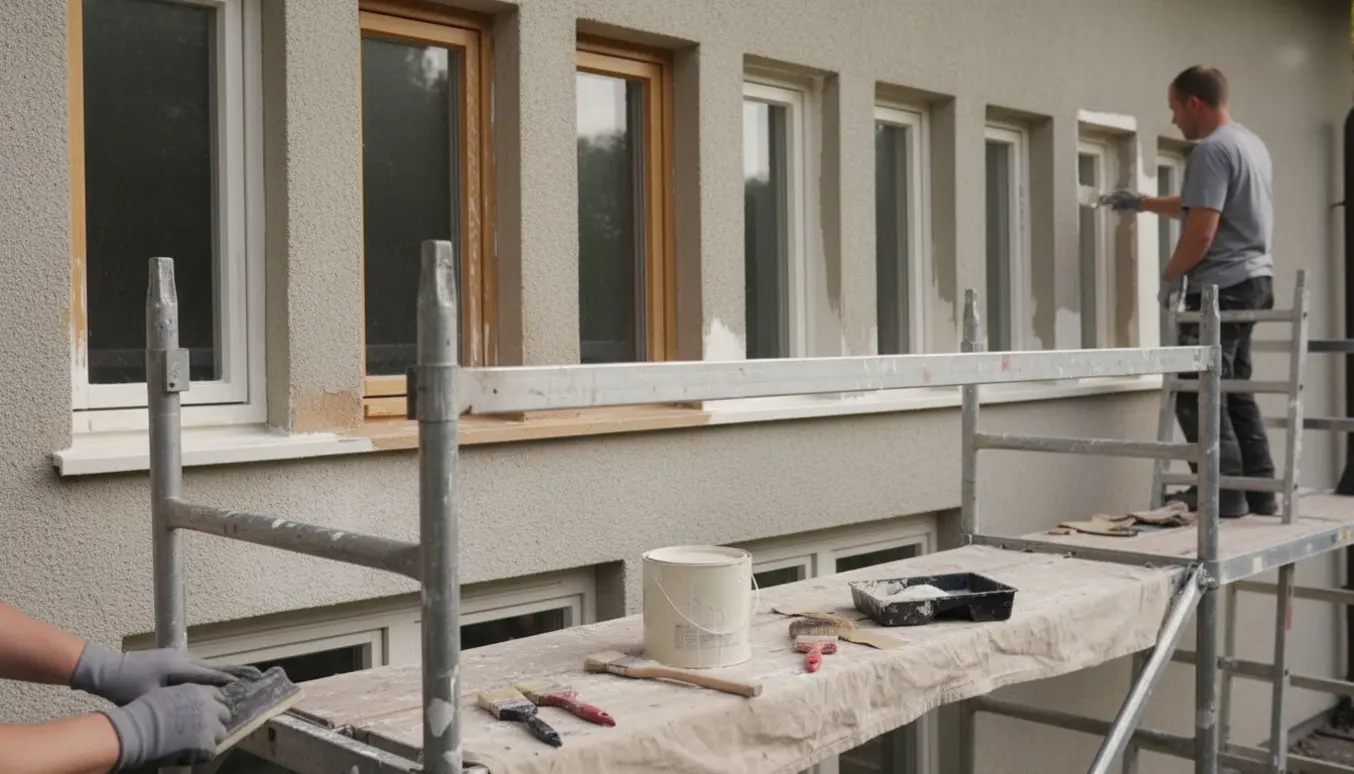 Tæt foto af maling og slibning af seks ens vinduesrammer med stillads og wienerstige i baggrunden.