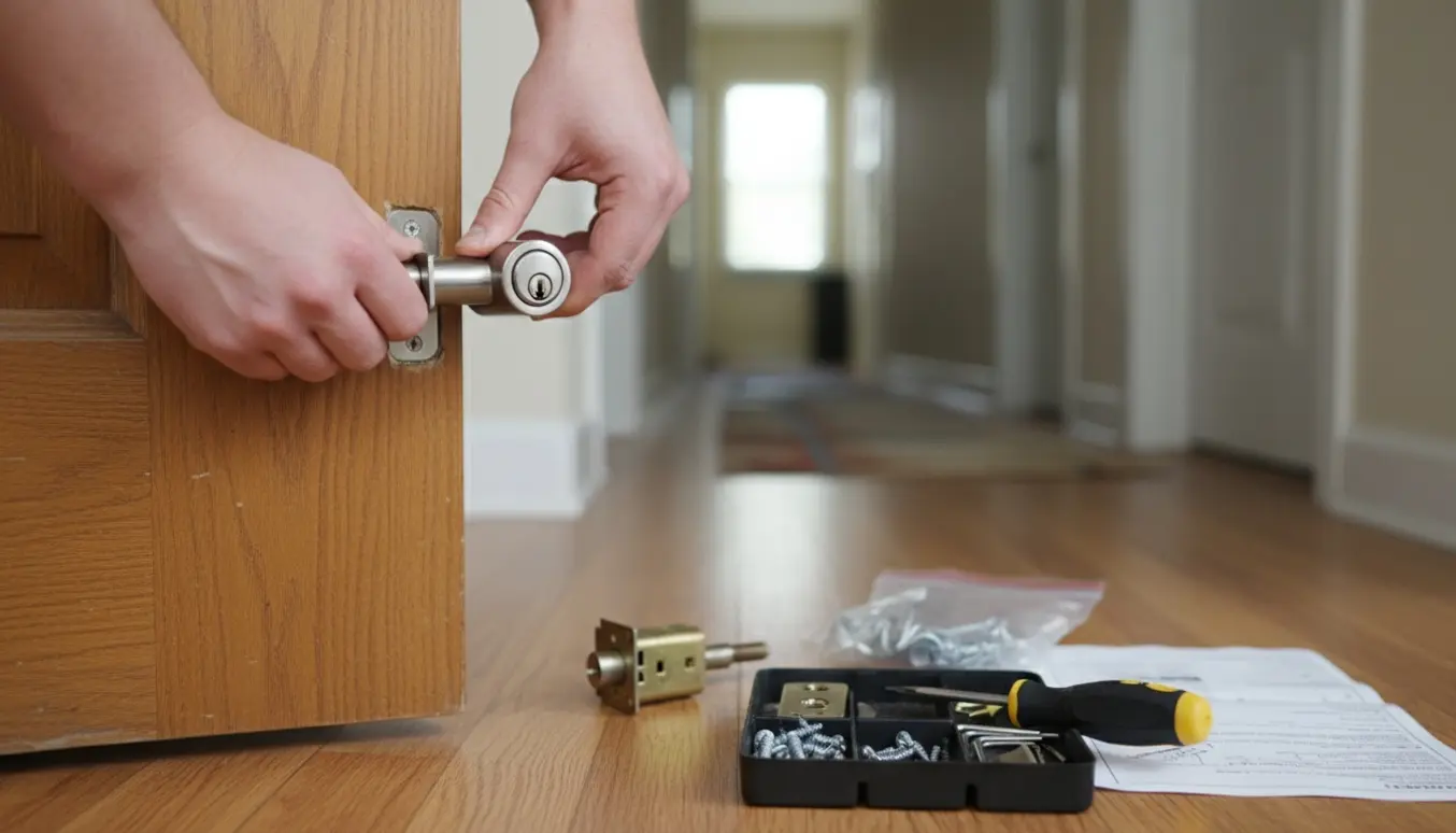 Nærbillede af udskiftning af hoveddørslås med hænder, skruetrækker og nye låsedele.