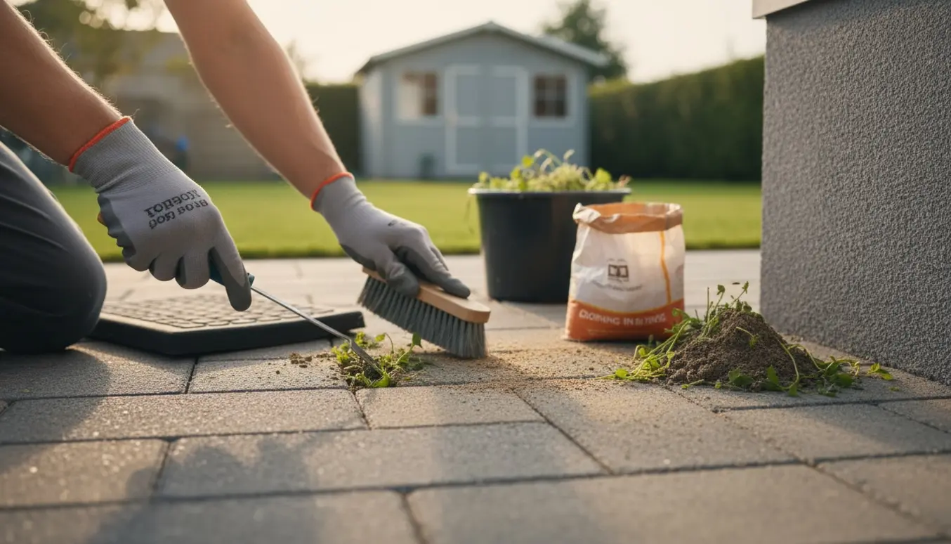 Hænder fjerner ukrudt mellem fliser ved husets sokkel og fejer fugesand i sprækkerne.