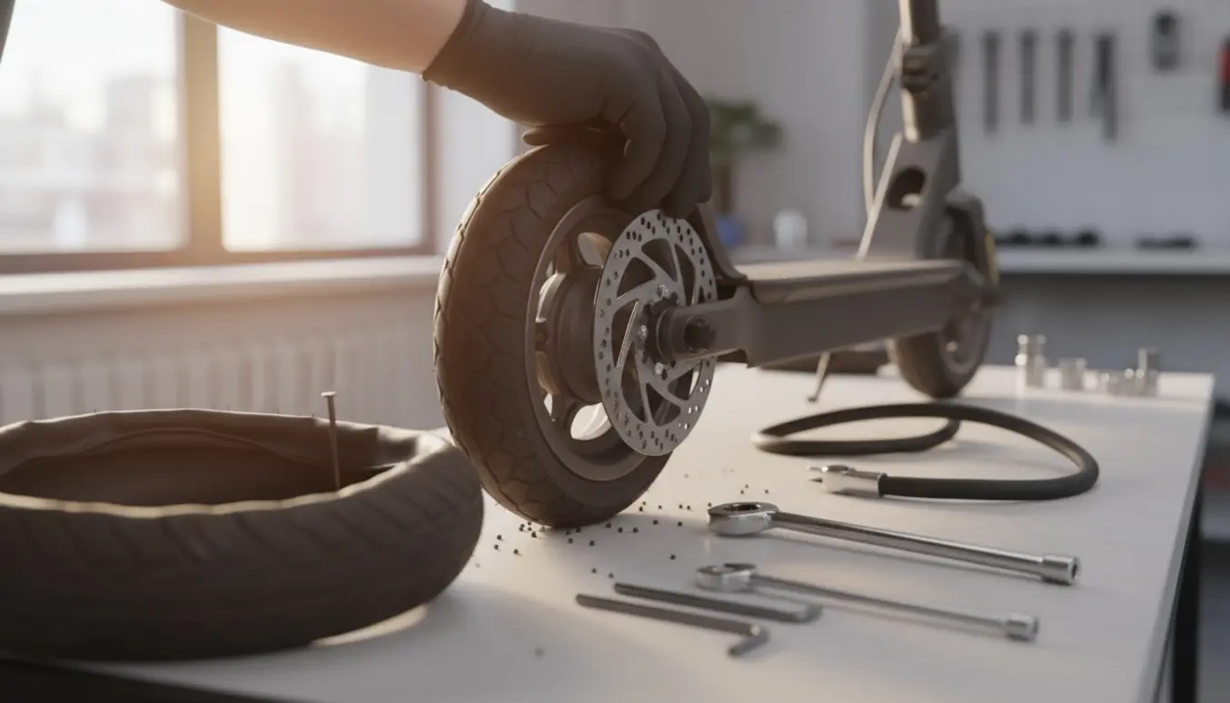 Nærbillede af Kukirin G3 el-løbehjul, hvor hænder skifter et nyt solidt, punkteringsfrit dæk.