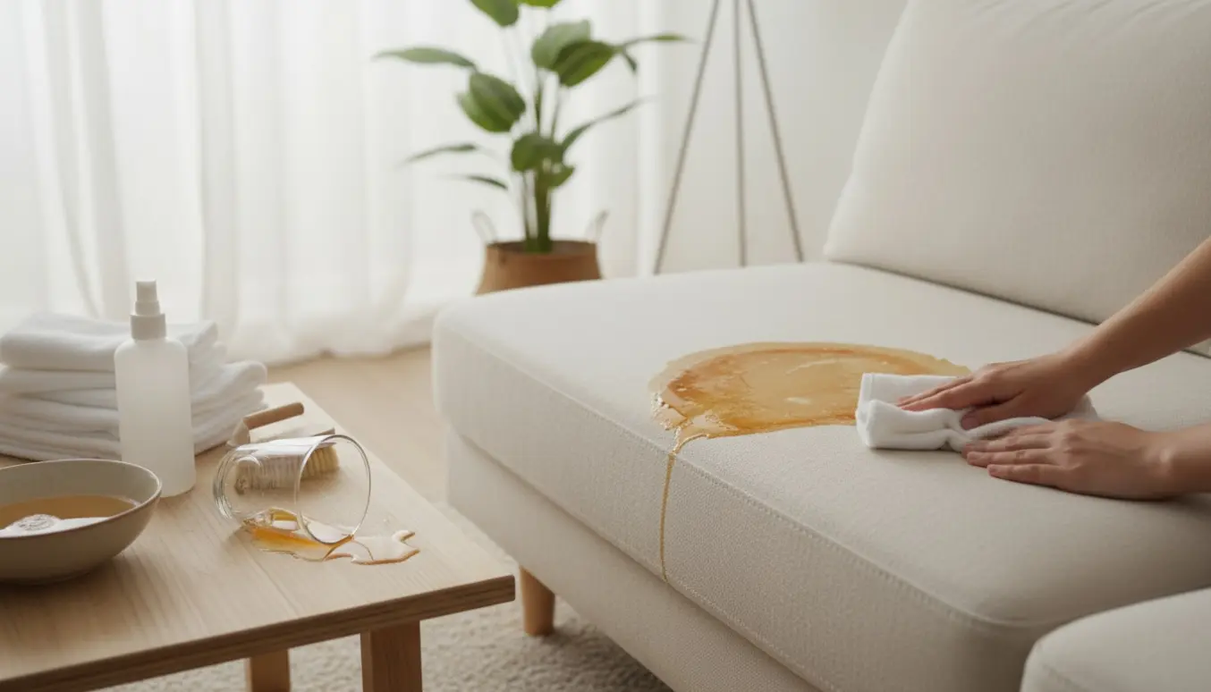 Nærbillede af en lys bomuldssovesofa med en ølplet og rengøringsudstyr ved siden af.