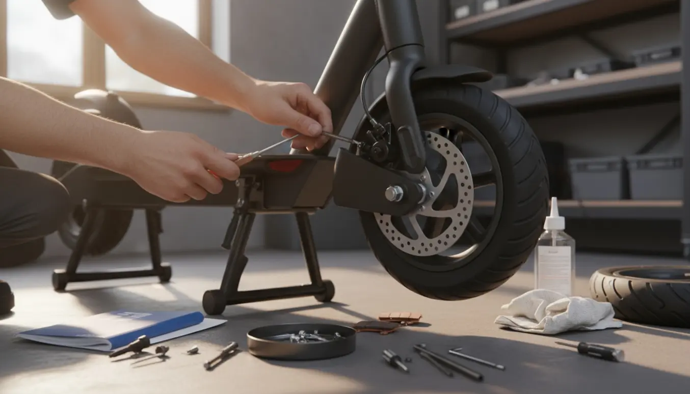 Hænder justerer bremserne på et elektrisk løbehjul ved en solbelyst værkstedsbænk.