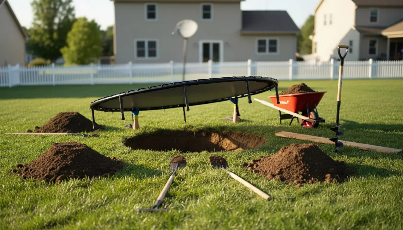 Halvt nedgravet rund trampolin i baghave med bunker jord, spader og pælebor ved siden af.
