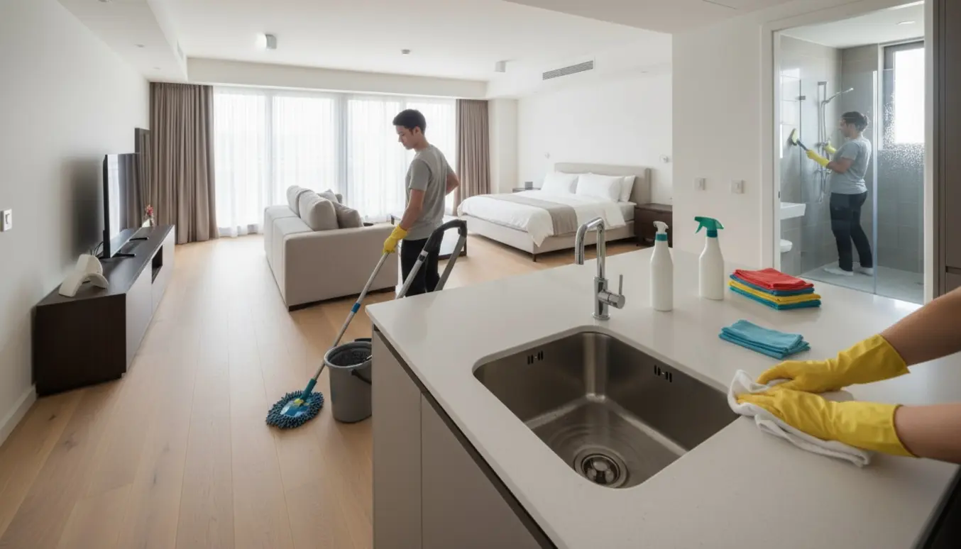 Lyse, rummelige 110 m² lejlighed under hovedrengøring med rengøringsredskaber og personer uden synlige ansigter.