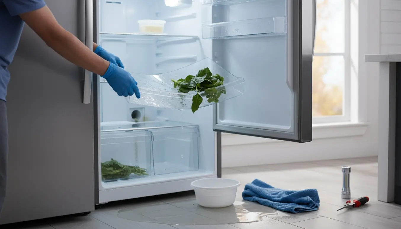 Åbent køleskab med våd og defekt øverste hylde og vandpyt på køkkengulvet, værktøj ved siden af.