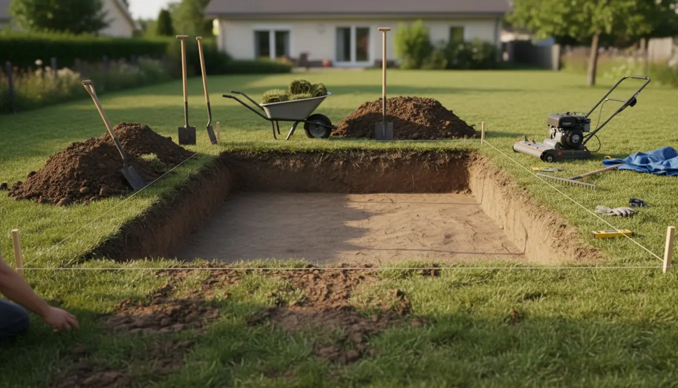 Udhulning i baghaven til en nedgravet trampolin med jordbunker, værktøj og afgrænsede stolper.