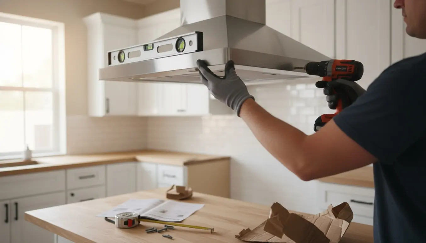 Nærbillede af montering af en væghængt emhætte i et nyt køkken med hænder og værktøj.