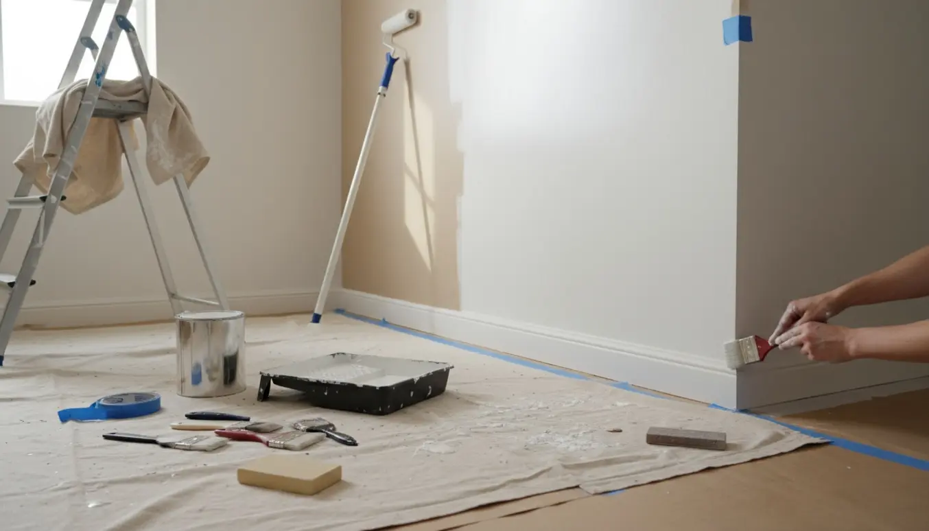 Et lille firkantet værelse midt i at blive malet hvidt med rulle, pensel og afdækningsmateriale.
