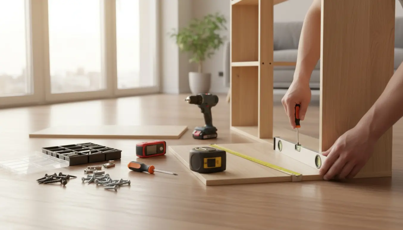 Hænder måler og samler et møbel med værktøj og træpaneler i et lyst rum.