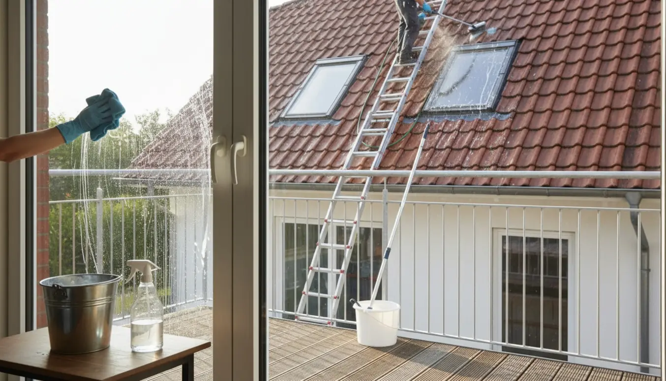 Hænder pudser en glasdør indendørs med klud og skureredskaber, med stige ved altanen og to ovenlysvinduer på taget synlige udenfor.
