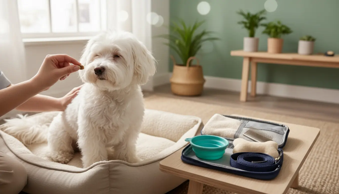 En lille hvid fluffy hund sidder roligt på en hundekurv i en solfyldt stue med snor, børste og plejegrej ved siden af.