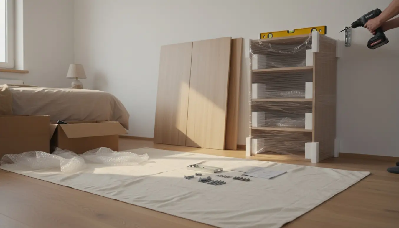 Et soveværelse med delvist pakket garderobeskab og værktøj klar til fastgørelse til væggen.