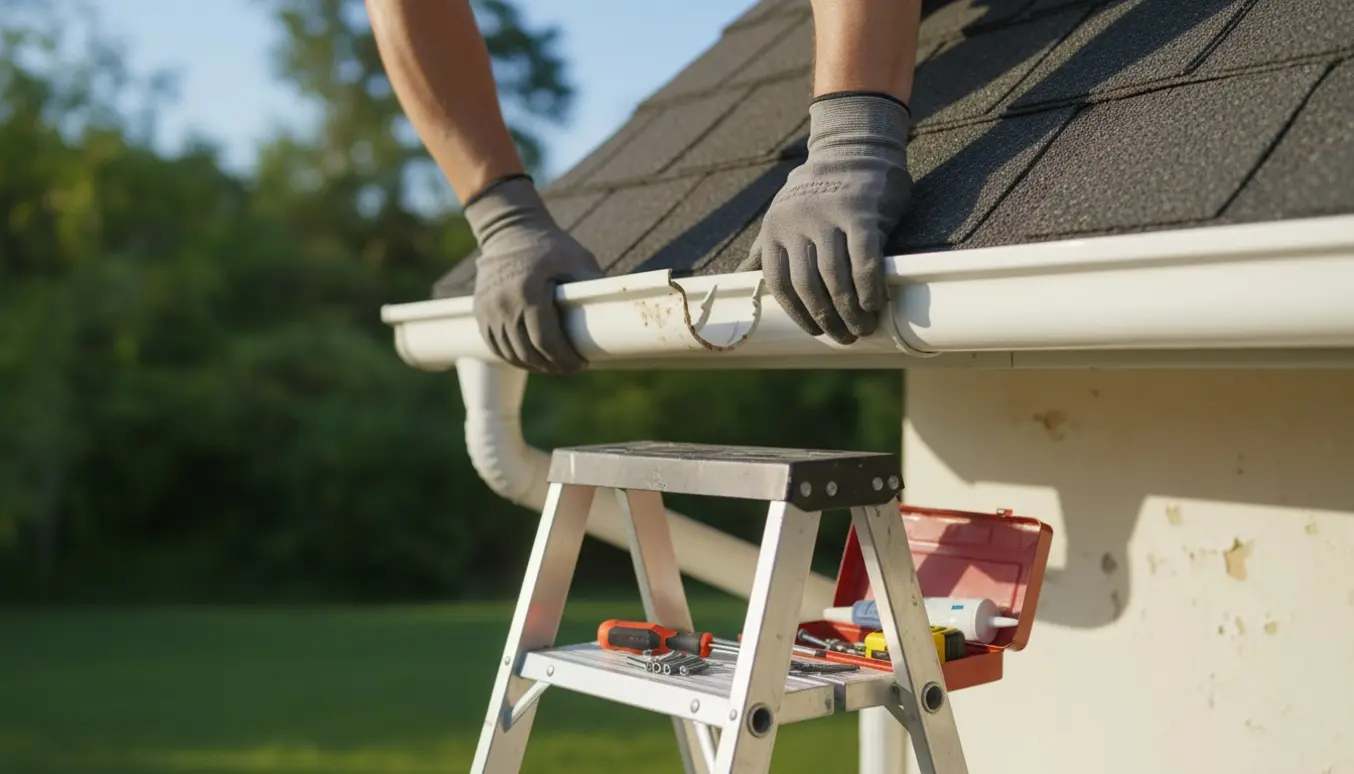 Nærbillede af hænder på en stige, der udskifter et revnet plastik-tagrennehjørne med værktøj ved huset.