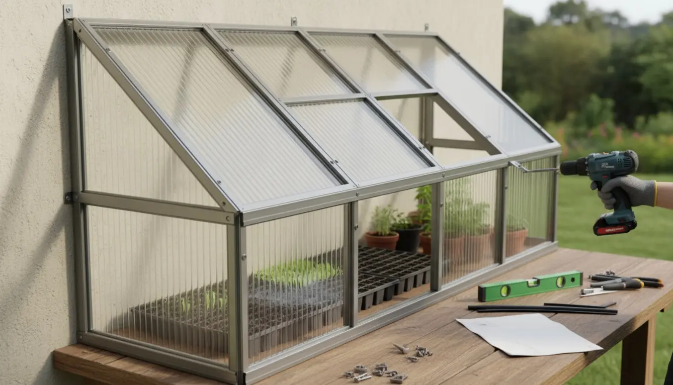 Halvfærdigt vægdrivhus monteres mod husmur med værktøj og hænder i handsker, skruer og polycarbonatplader.