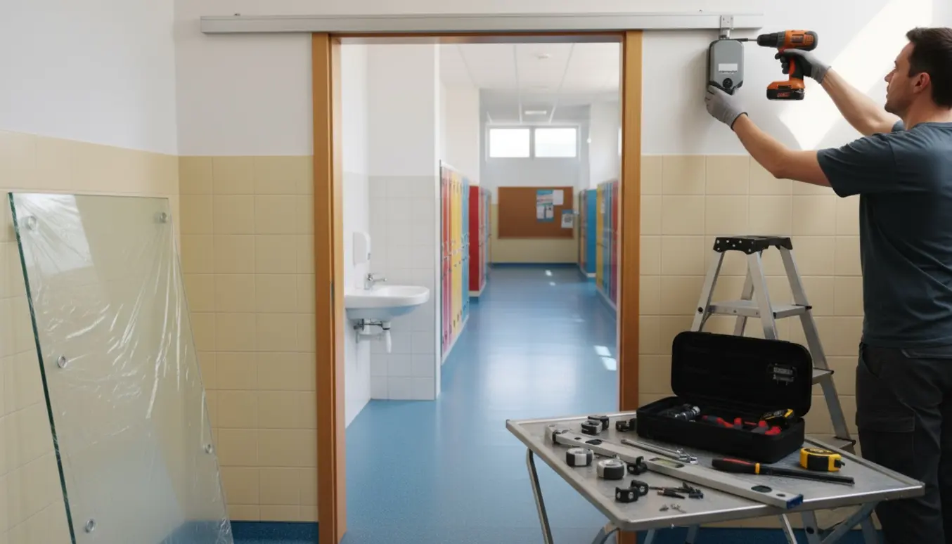 Installatør udskifter en automatisk skydedør ved indgangen til et skoletoilet med værktøj og reservedele.