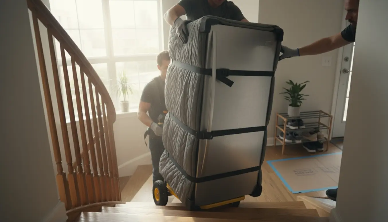 To personer bærer et rustfrit køleskab op ad en trætrappe med bærestropper og flyttetæpper, ansigter ude af billedet.
