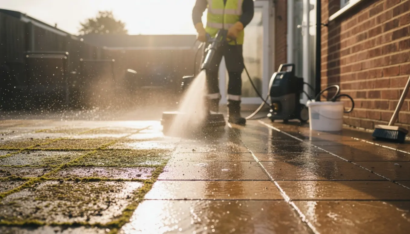 Professionel rens af havefliser med højtryksrenser, hvor den ene side er ren og den anden er dækket af mos.