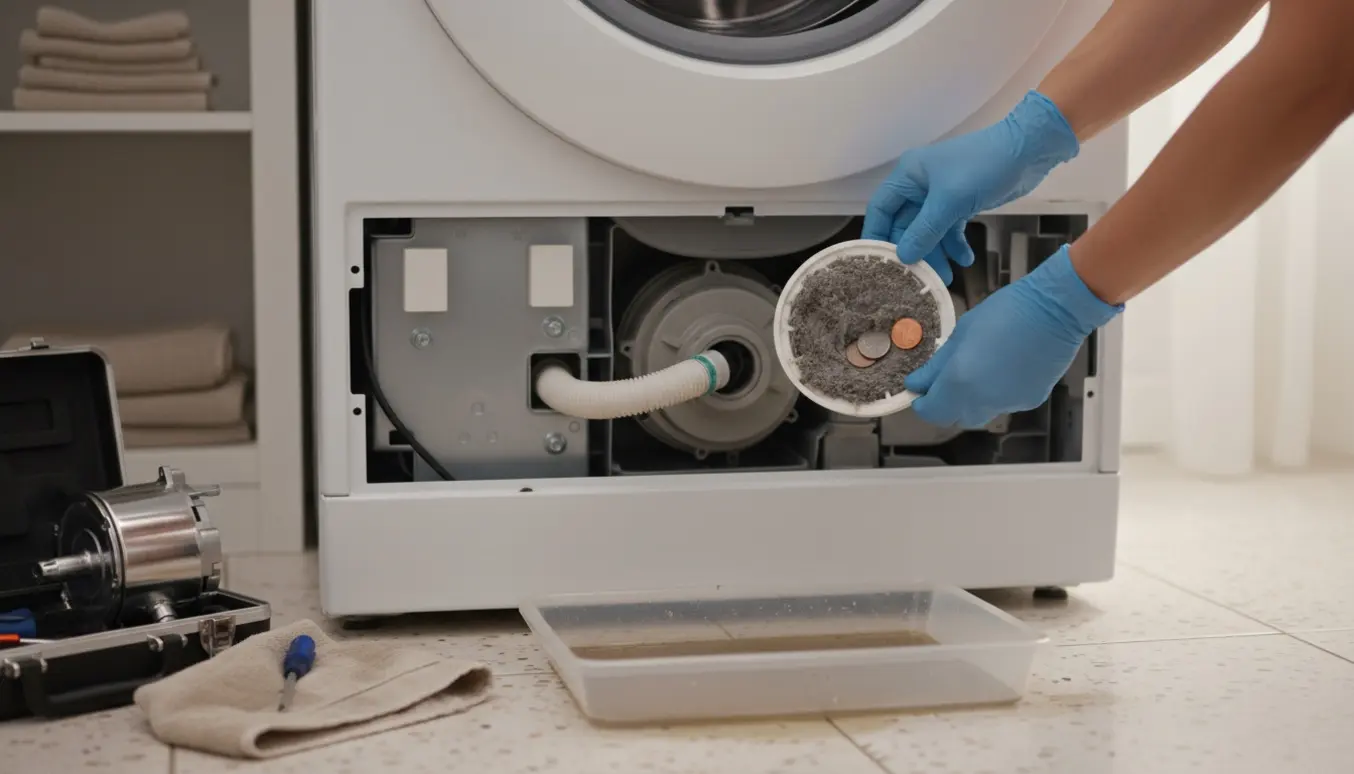 Tekniker arbejder på en åben frontbetjent vaskemaskines afløbspumpe med værktøj og en opsamlingsbakke til vand.