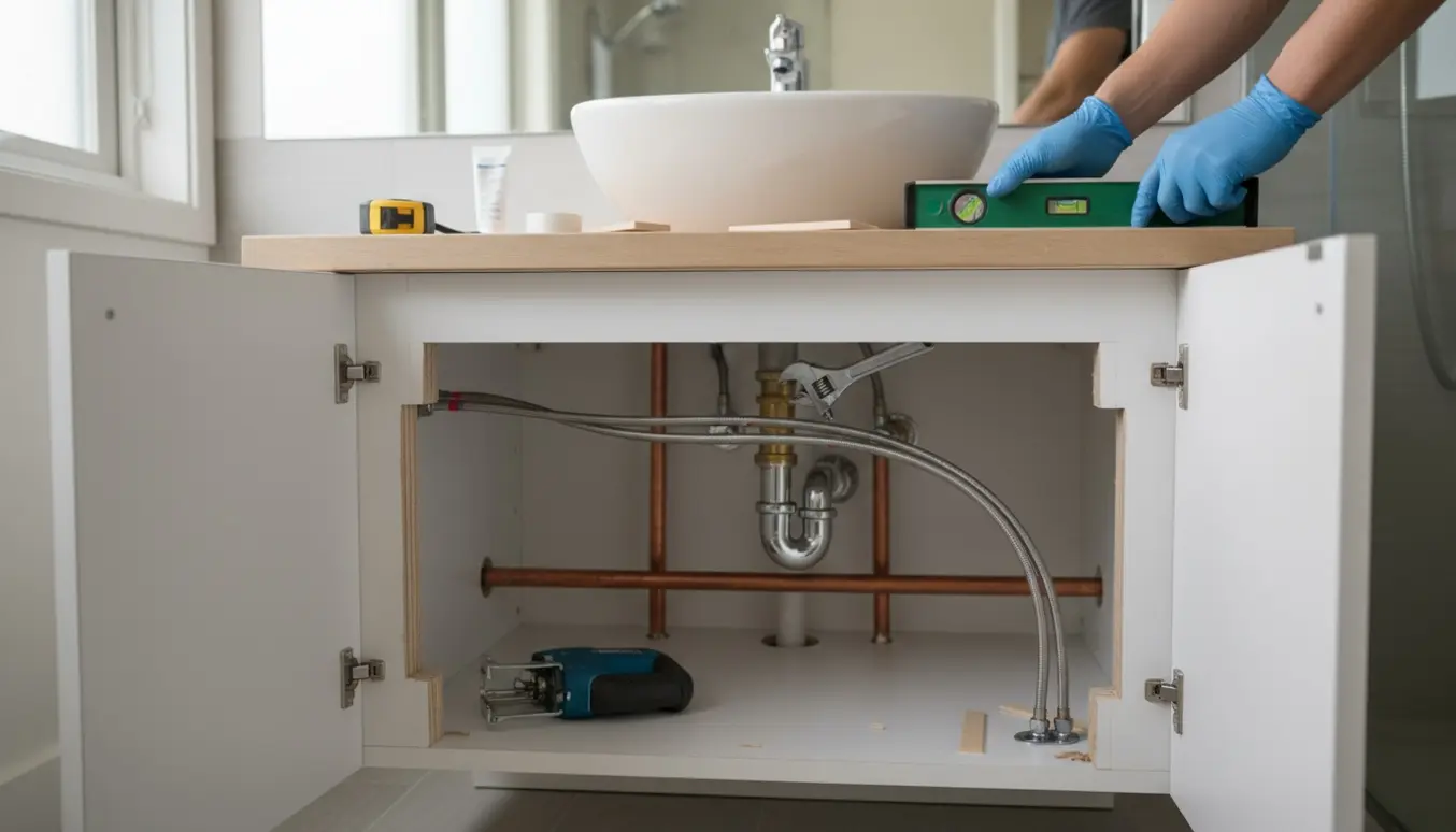 Åbent underskab i badeværelse med synlige rør og hænder, der justerer skabet omkring eksisterende vandrør.
