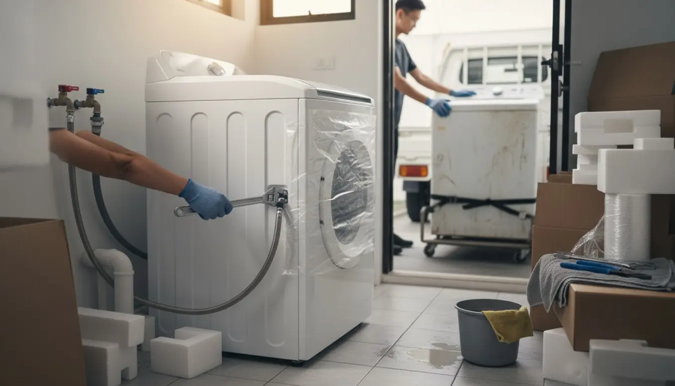 Tekniker tilslutter en ny vaskemaskine i et bryggers, mens en gammel maskine er klar til afhentning på en sækkevogn.