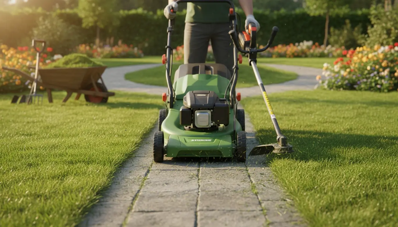 Person slår græs og trimmer kanter i en solbeskinnet forhave med nyklippet grøn plæne.