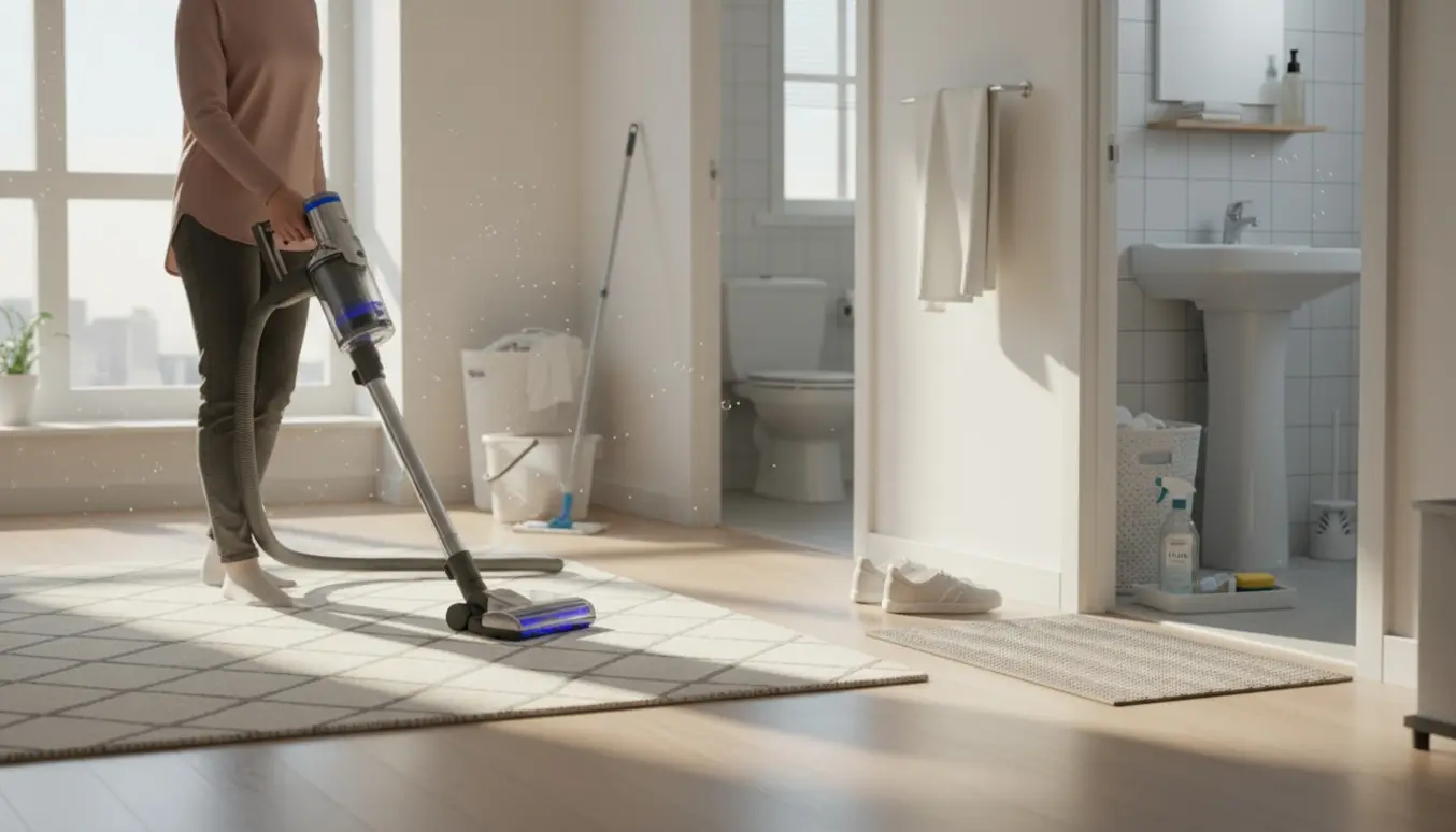 Person støvsuger stuen set bagfra med rengøringsudstyr og et nyvasket gæstetoilet i baggrunden.