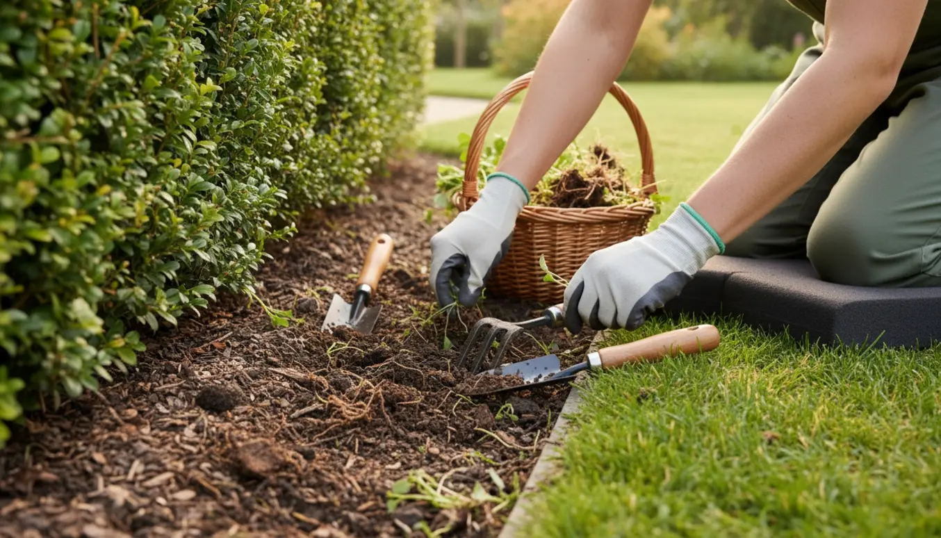 Hænder i havehandsker fjerner ukrudt under en tæt, beskåret hæk med haveværktøj og en kurv til ukrudtet.