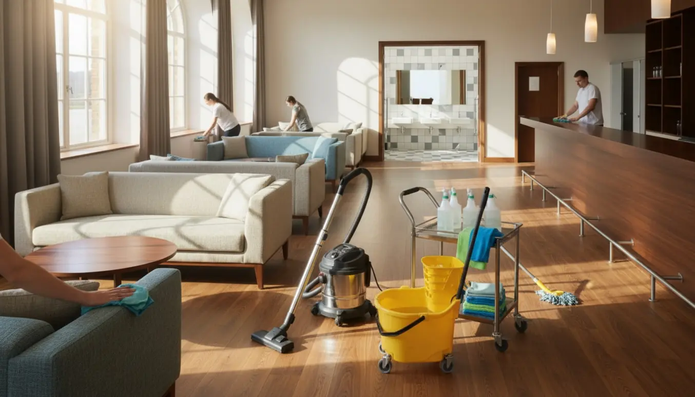 Rengøringsudstyr og hænder, der tørrer en sofa i en lys klubstue med rene overflader og åbent toilet i baggrunden.