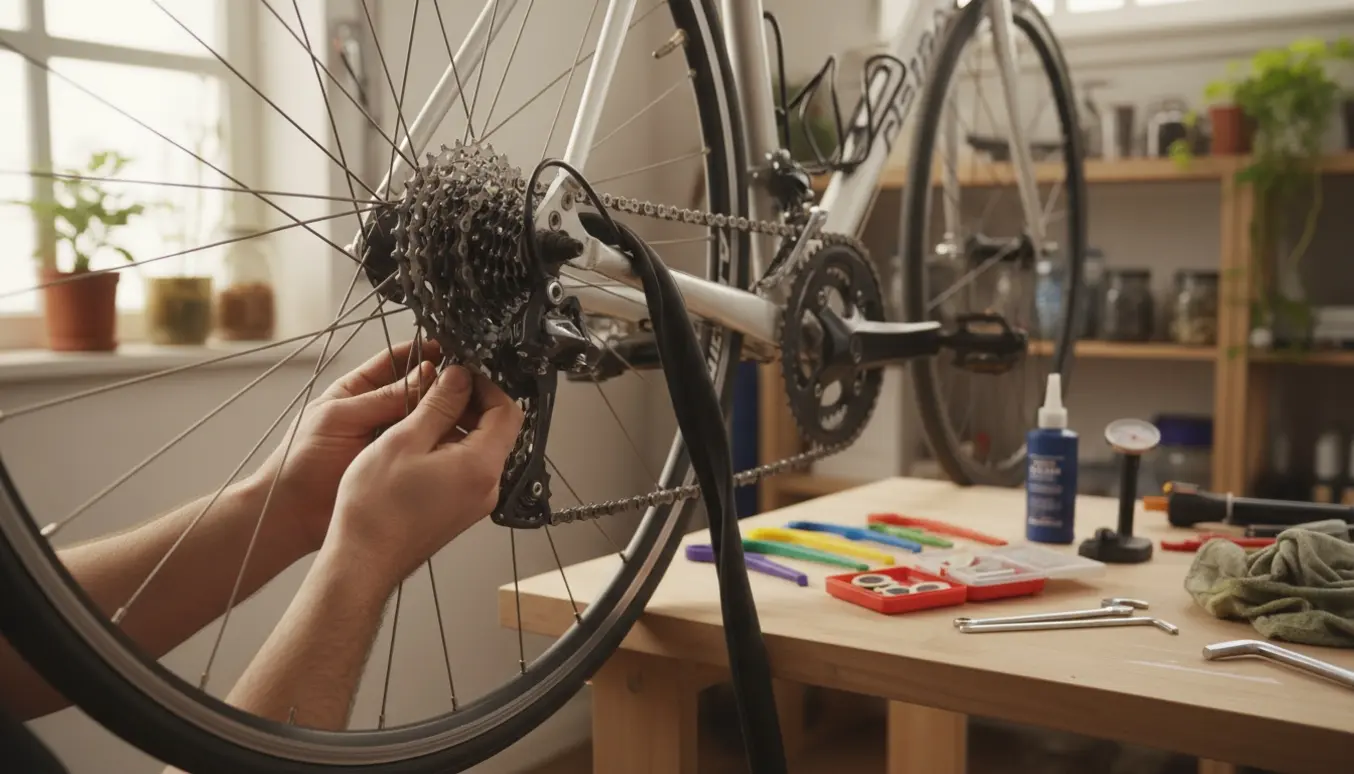 Nærbillede af hænder, der lapper baghjulet og servicerer en cykel i et lyst værksted.