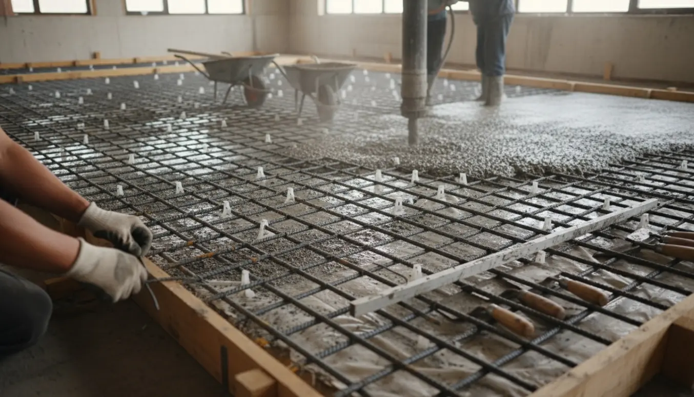 Hænder binder to lag 8 mm armeringsjern over frisk beton ved udstøbning af et stort gulv.