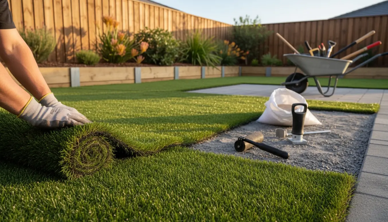 Hånd der glatter og føler en 30 mm kunstgræsplæne, delvist udrullet i en lille have under varm eftermiddagslys.