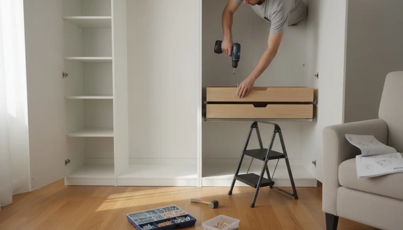 Delvist samlet hvidt skab med hylder, skuffer og tøjstang, hænder i færd med at samle det i et lyst værelse.