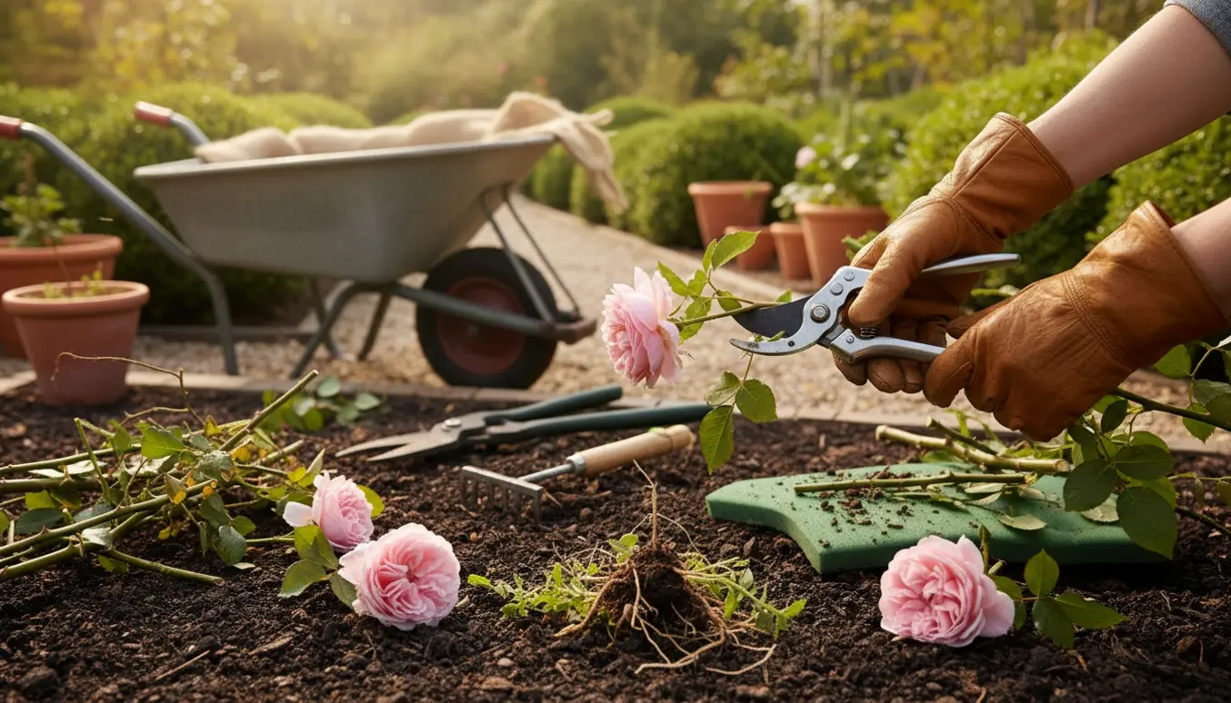 Nærbillede af handske‑klædte hænder, der klipper roser og fjerner ukrudt i et velplejet havebed ved siden af en trillebør med afklip.